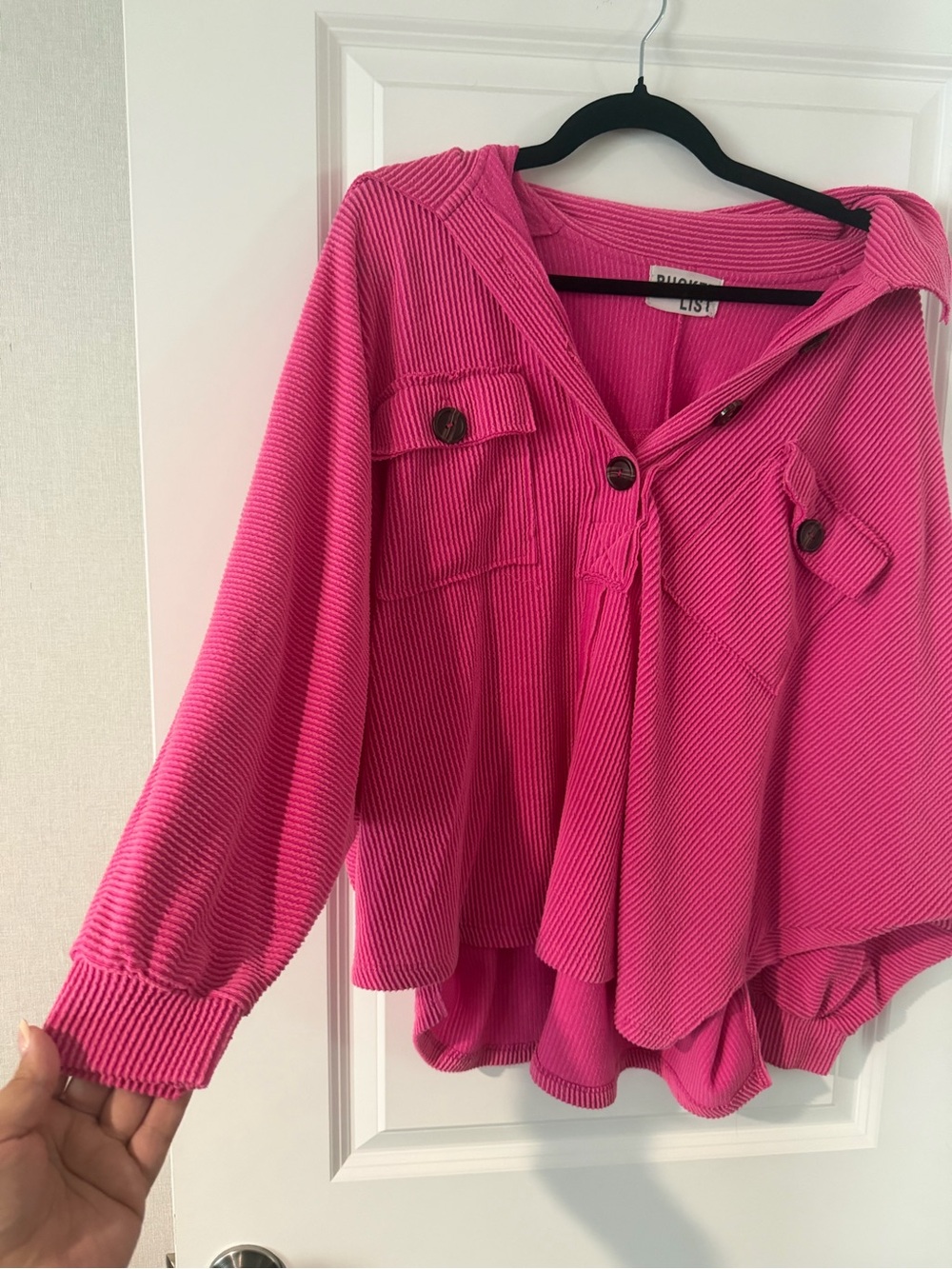 BUCKETLIST Hot Pink Ribbed Hooded Button-Front Top